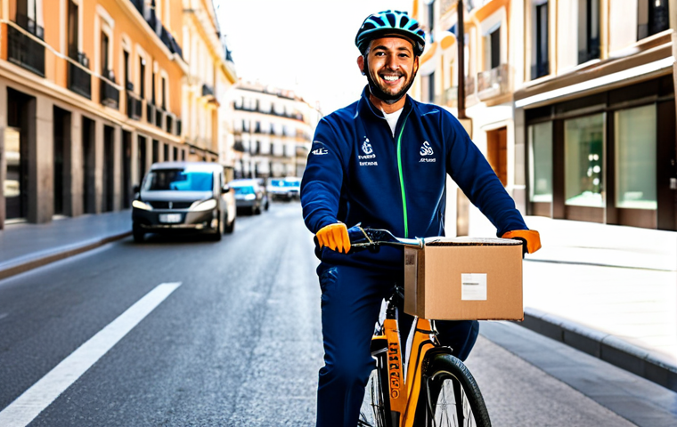 Koiki Delivery Driver**

"A fully clothed Koiki delivery driver, wearing a branded uniform, delivering a package on a bicycle in a sunny Madrid street. Buildings in the background. Focus on the driver's friendly face and the sustainable delivery concept. Safe for work, appropriate content, professional, well-lit, perfect anatomy, natural proportions, fully clothed."

**