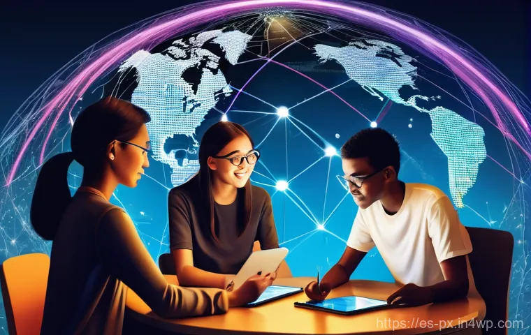 집단지성의 역사적 발전 과정 - **Global Brainstorming Network:**
    A vibrant, highly detailed digital illustration depicting a di...