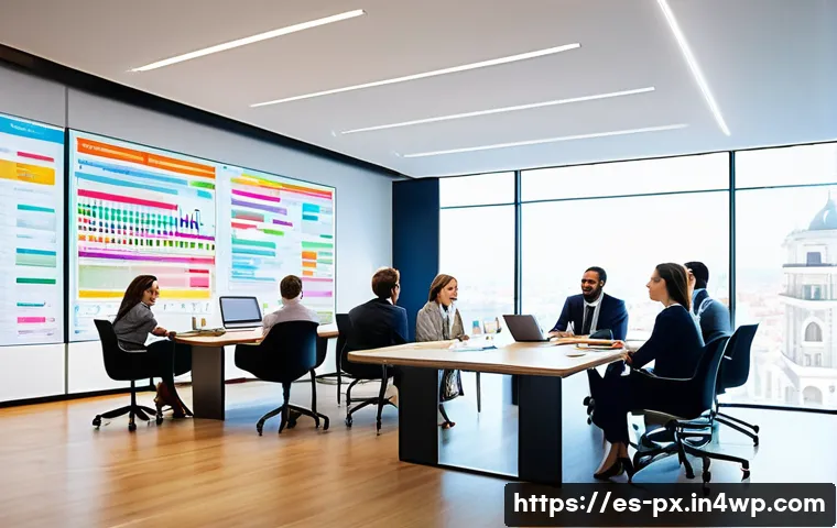 집단지성을 통한 고객 피드백 수집 방법 - A modern office setting in Madrid, featuring a diverse group of professional adults engaged in a col...