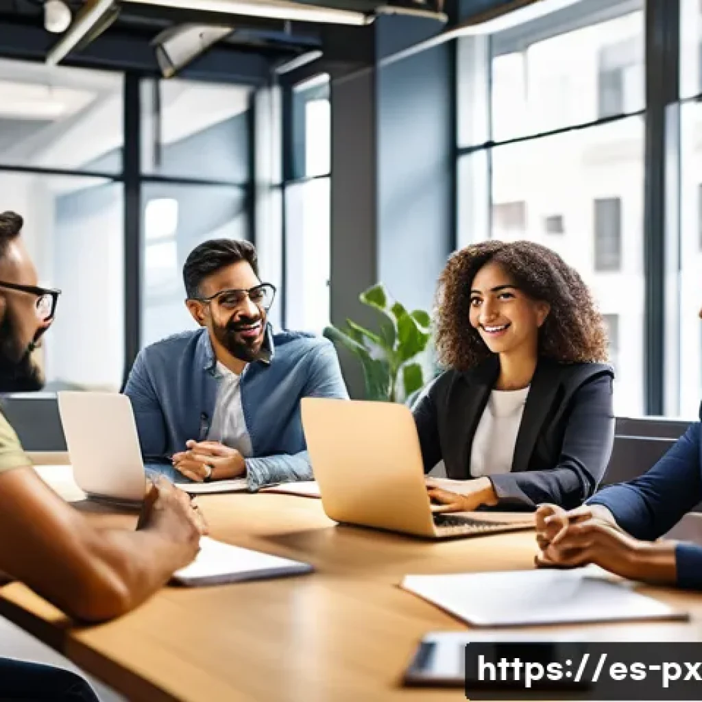 집단지성과 협업의 중요성 - A diverse professional team in a modern office setting, consisting of Hispanic men and women of vari...