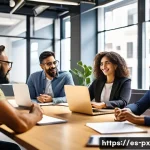 집단지성과 협업의 중요성 - A diverse professional team in a modern office setting, consisting of Hispanic men and women of vari...