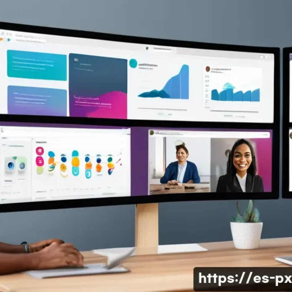집단지성을 통한 협업의 미래 - A diverse team of professionals collaborating remotely via digital platforms, shown on multiple comp...