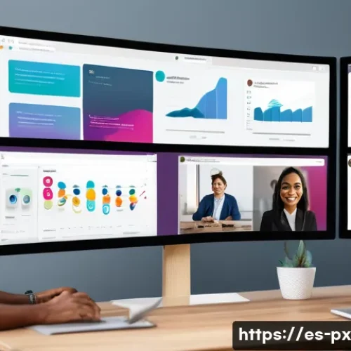 집단지성을 통한 협업의 미래 - A diverse team of professionals collaborating remotely via digital platforms, shown on multiple comp...