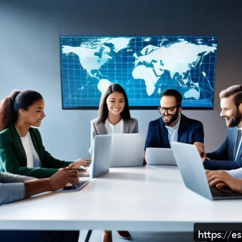 집단지성과 기술 혁신의 관계 - A diverse group of professionals collaborating in a modern digital workspace, each person using lapt...