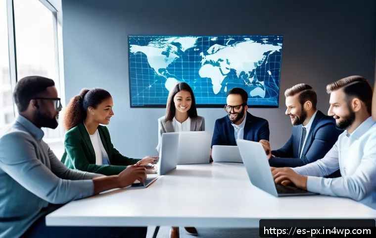 집단지성과 기술 혁신의 관계 - A diverse group of professionals collaborating in a modern digital workspace, each person using lapt...