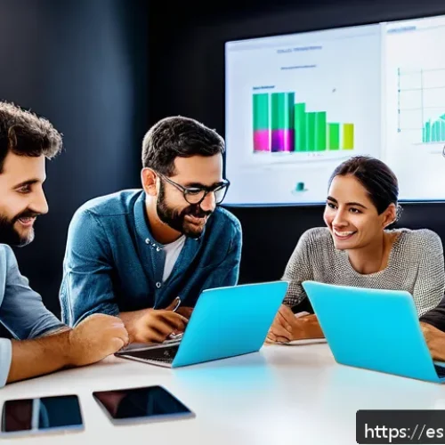 효과적인 집단지성 활용 사례 - A dynamic business innovation scene in Spain featuring a diverse group of professionals—tech startup...