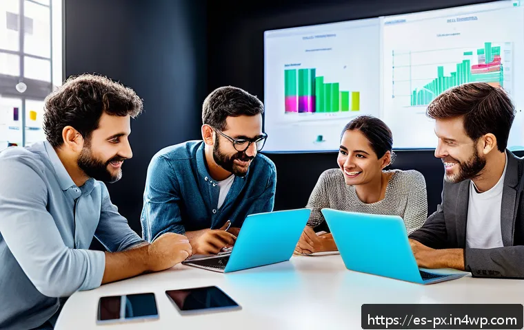 효과적인 집단지성 활용 사례 - A dynamic business innovation scene in Spain featuring a diverse group of professionals—tech startup...