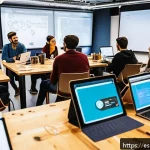 집단지성의 글로벌 사례 분석 - A vibrant scene of a global open innovation hackathon taking place in a modern co-working space in B...