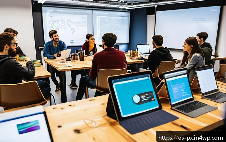 집단지성의 글로벌 사례 분석 - A vibrant scene of a global open innovation hackathon taking place in a modern co-working space in B...