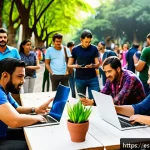 집단지성과 사회적 기업의 역할 - A vibrant community workshop scene in a sunny urban park in Mexico City, featuring a diverse group o...