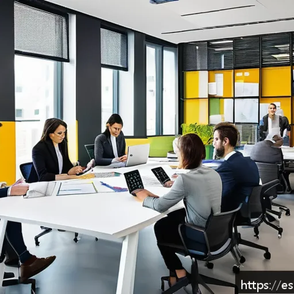집단지성과 비즈니스 모델 혁신 - A modern corporate office scene showing a diverse, multidisciplinary team collaborating around a lar...