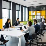 집단지성과 비즈니스 모델 혁신 - A modern corporate office scene showing a diverse, multidisciplinary team collaborating around a lar...
