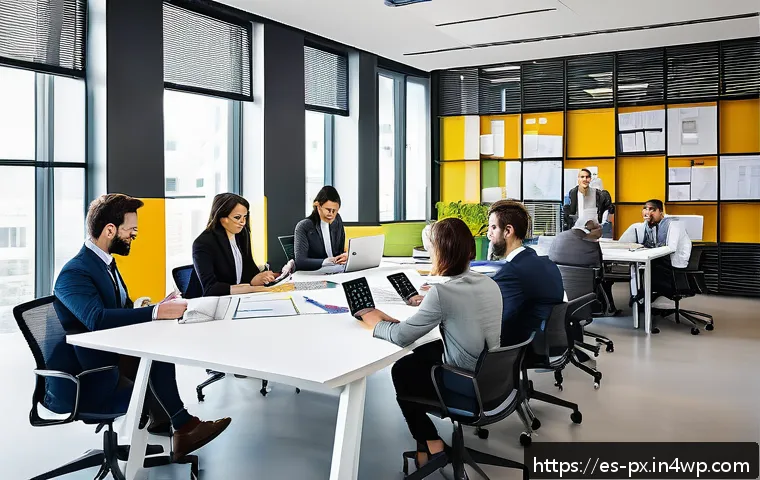 집단지성과 비즈니스 모델 혁신 - A modern corporate office scene showing a diverse, multidisciplinary team collaborating around a lar...