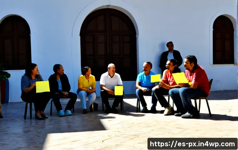 Home 15 집단지성 기반의 커뮤니티 구축 방법 - Photorealistic community workshop in a sunlit Spanish neighborhood civic center, diverse adult neigh...