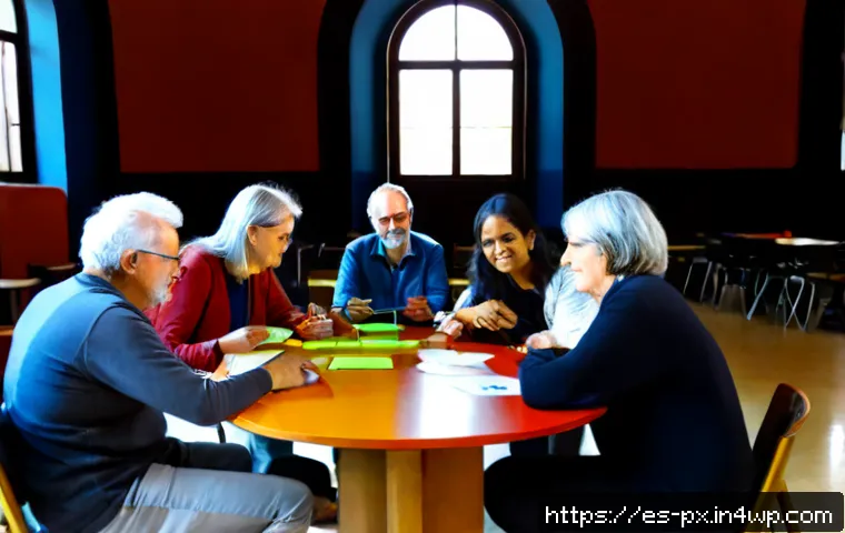 Home 15 집단지성 적용 분야 및 사례 연구 - Photorealistic community innovation workshop in a bright Spanish civic center, diverse adults and se...